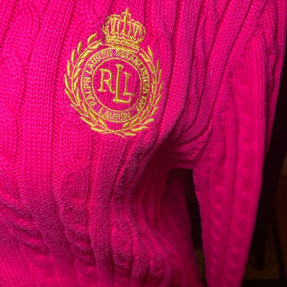 Vintage LRL gold heritage logo sweater cardigan XL pink 100% cotton Y2K preppy